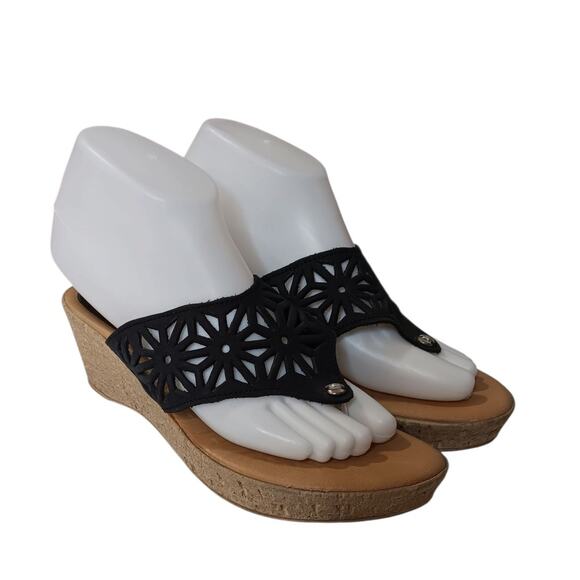 SPRING STEP Black Leather Comfort Sandals Wedge Thong 38/8 Summer Vacation Beach - Picture 10 of 10